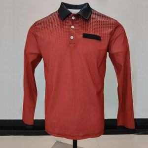 Detail of red and black men's long sleeve polo shirt with gradient polka dot pattern