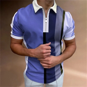 Detail of men's polo shirt featuring vertical color blocking and a metal zipper collar