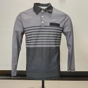 Detail of grey color-block men's long sleeve polo shirt with striped design and 3-button collar