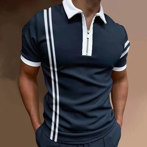 Detail shot of navy blue polo shirt featuring silver zipper and white stripe stitching
