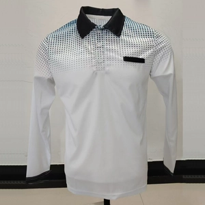 Detail of men's white long sleeve polo shirt with gradient blue and black dots on the collar