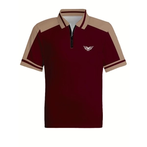 Detailed view of men's burgundy striped polo shirt with khaki stitching and zipper collar