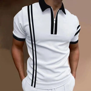 Detail of men's polo shirt with zip collar, black stripes, and contrast ribbed sleeve cuffs