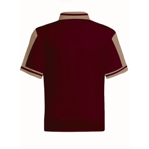 Rear view of men's polo shirt in burgundy with khaki contrast stitching on shoulders