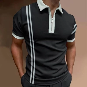 Detail of men's slim fit polo shirt featuring contrast stripes and metal zipper neckline