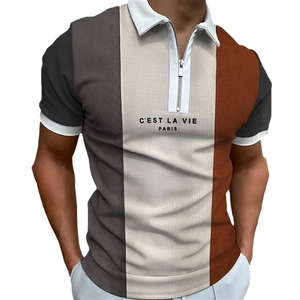 Men's slim fit color-block striped polo shirt with zipper neck and Paris letter print