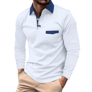 Classic white long-sleeved polo shirt for men with navy blue contrast collar and chest pocket