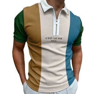 Men's slim fit color-block polo shirt with zipper neck and C'EST LA VIE PARIS print