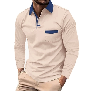 Men's long sleeve polo shirt in beige with navy contrast pocket and collar detail
