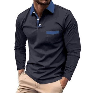 Men's long sleeve navy blue Polo shirt with contrasting light blue collar and pocket detail