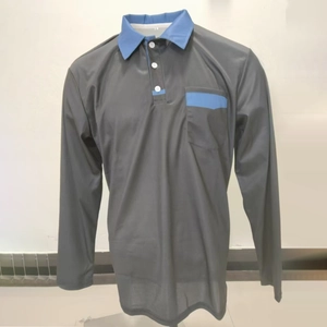 Close-up of grey long-sleeved polo shirt with blue collar trim and chest pocket detail