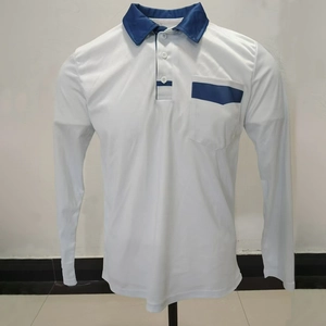 Detail view of white long-sleeved polo shirt featuring navy collar and chest pocket trim