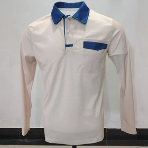 Detail of long-sleeve polo shirt showing the collar, three-button placket and chest pocket