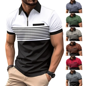 Polo Décontracté pour Hommes Fermeture Éclair Revers Manches Courtes T-Shirt Patchwork Rayures Business Respirant Haut d'Été