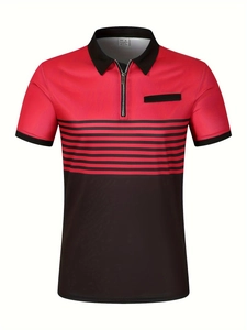 Détail d'un polo rouge et noir avec col zippé et design de fausse poche poitrine
