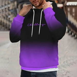 Detail of the purple Challenge text print on a black and purple gradient hoodie