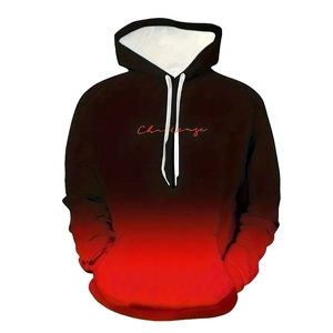 Close-up of red and black gradient hoodie featuring Challenge text and white drawstrings