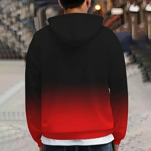 Detailed back view of a men's hoodie featuring a stylish black and red gradient effect