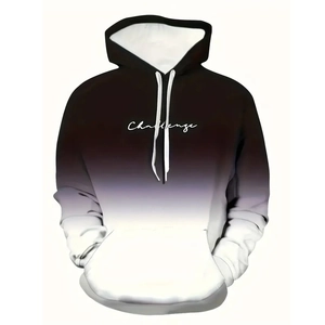 Close-up of black and white gradient hoodie with Challenge text and kangaroo pocket