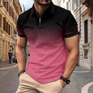 Men's short sleeve polo shirt with red gradient print and zipper neckline design