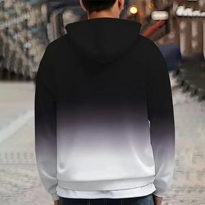 Rear view of men's hooded sweatshirt featuring a stylish black and white gradient design