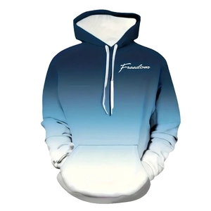Men's blue and white gradient hoodie with Freedom print and kangaroo pocket