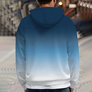 Back view of men's hoodie featuring blue to white vertical gradient and ribbed cuffs
