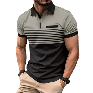 Polo homme à demi-fermeture éclair, style color-block gris et noir avec rayures