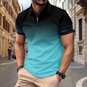 Men's slim fit polo shirt with gradient black blue pattern and quarter zipper closure
