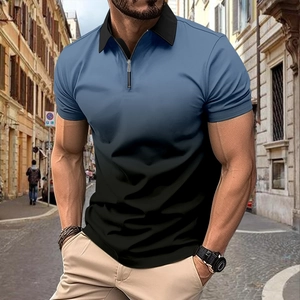 Detail of men's slim fit polo shirt with half-zip collar and blue gradient stripe design