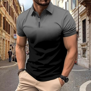 Men's slim fit zip-up polo shirt with grey to black gradient print in urban street setting