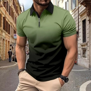 Men's green to black gradient zip polo shirt with slim fit athletic cut on street