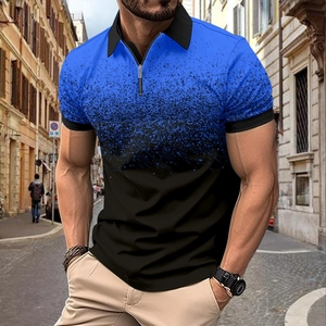 Detail of men's polo shirt featuring a starry gradient pattern and zipper neckline