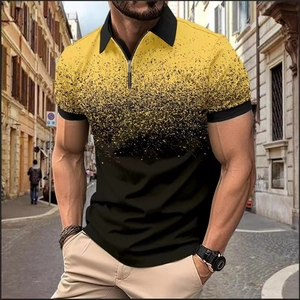 Detail view of men's polo shirt with yellow-black gradient and silver zipper neckline