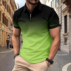 Detail of men's polo shirt featuring a green gradient and geometric dot print with a zip collar