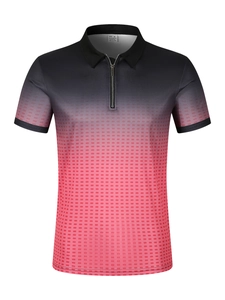 Detail of men's polo shirt zipper collar with red gradient texture and ribbed cuffs