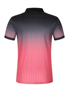 Rear view of men's polo shirt featuring a black to red gradient with a fine checkered pattern