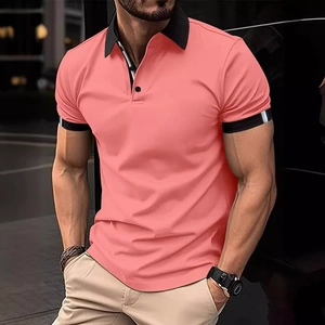 Slim fit men's polo shirt in coral pink with black contrast trim on collar and sleeves