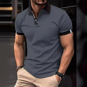 Slim fit men's polo shirt in grey-blue with black collar and silver striped cuffs