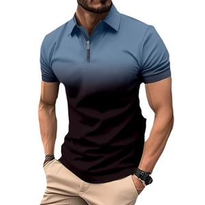 Men's slim fit short sleeve polo shirt with zipper neck and blue black gradient design