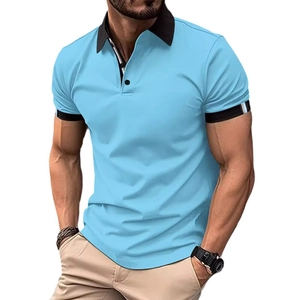 Slim fit men's light blue polo shirt with contrast black collar and striped ribbed cuffs