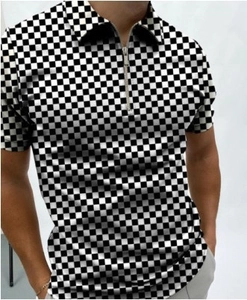Men's slim fit short sleeve POLO shirt featuring a modern black and white checkerboard print