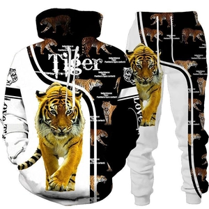 Herren Casual 3D Tiger Print Hoodie Und Sweatpants Streetwear Outfit Kapuzensweatshirt Und Jogginghose Jogginganzug Sportbekleidung