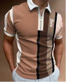 Men's quarter-zip polo shirt with brown vertical stripes and crown poker print