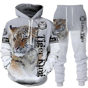 Herren-Trainingsanzug 2-teilig mit 3D-Tigerdruck, Hoodie und Jogginghose mit Kordelzug