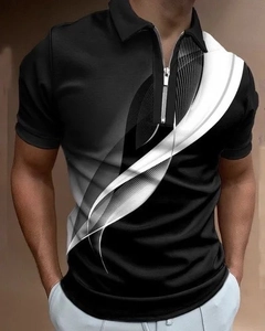 Men's casual black zip Polo shirt featuring grey and white 3D streamline dynamic print