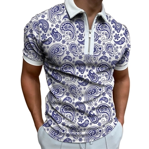Men's slim polo shirt with blue paisley print and modern metal zipper neckline