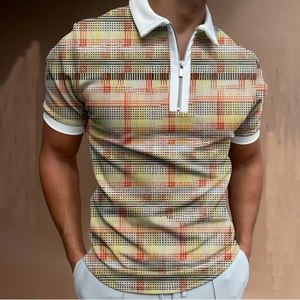 Men's slim-fit zip Polo shirt featuring yellow and orange geometric grid 3D prints