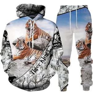 3D Tiger Print Trainingsanzug Set mit blauem Verlaufs-Hoodie und passender Jogginghose