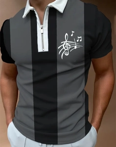 Men's slim fit Polo shirt with black and grey vertical stripes and musical note print